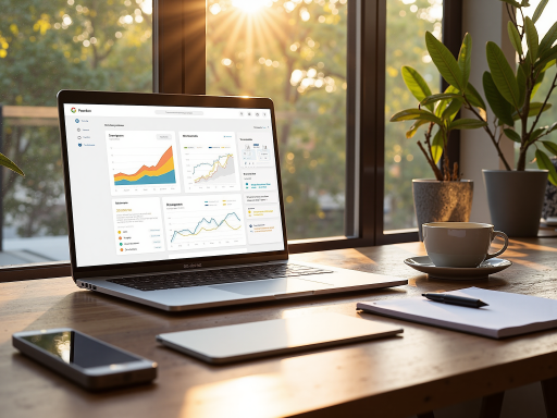 Modern laptop screen displaying analytics dashboard with purple and pink gradient theme, showing domain metrics and performance data